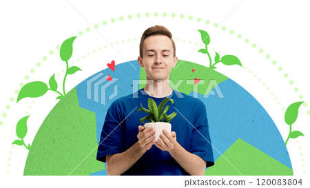 Young man holding small potted plant in front of Earth with green leaves and heart icons, symbolizing global environmental care. Conceptual art collage. 120083804