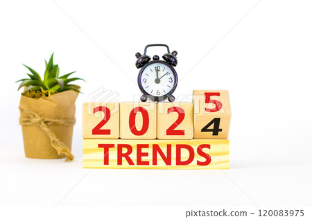Planning 2025 trends new year symbol. Concept words 2024 Trends to 2025 Trends on beautiful wooden blocks. Beautiful white table white background. Business 2025 trends new year concept. Copy space. 120083975