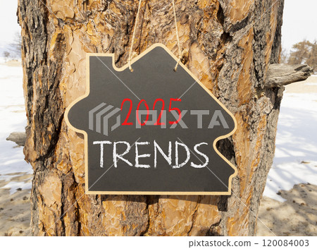 Planning 2025 trends new year symbol. Concept words 2025 Trends on beautiful yellow chalk blackboard. Beautiful old tree and sand background. Business 2025 trends new year concept. Copy space. Planning 2025 trends new year symbol. Concept words 2025 Trends on beautiful yellow chalk blackboard. Beautiful old tree and sand background. Business 2025 trends new year concept. Copy space. 120084003