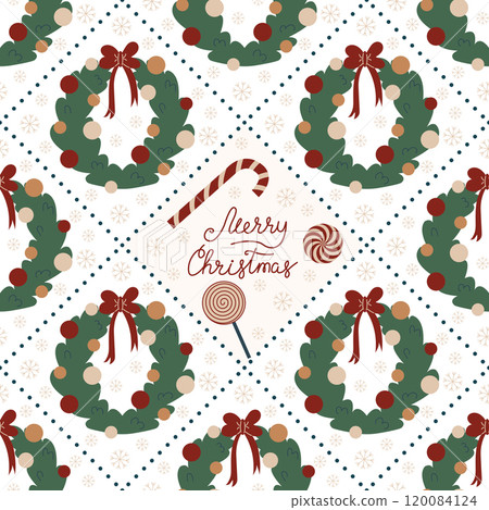 Simple Christmas vector seamless pattern. Merry Christmas wishes and wreath illustration. Pattern in background. Vector illustration. Simple Christmas vector seamless pattern. Merry Christmas wishes and wreath illustration. Pattern in background. Vector illustration. 120084124