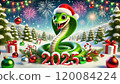 A cheerful green snake wearing a Santa hat celebrates New Year 2025 in a snowy forest with Christmas decorations, gifts, and fireworks lighting up the night sky. 120084224