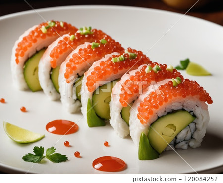 Sushi roll with salmon, prawn, avocado, cream cheese. Sushi menu. Japanese food. 120084252