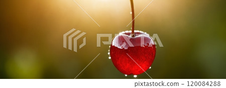 Cherry with water drops in backlight of sun. Cherry with water drops in backlight of sun. 120084288