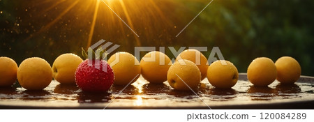 Orange and strawberry, fruit, macro, portrait. Orange and strawberry with water drops in backlit sunlight. 120084289