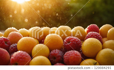 Orange, raspberry and apples, fruit, macro, portrait. Orange, raspberry and apples with water drops in backlit sunlight. Orange, raspberry and apples, fruit, macro, portrait. Orange, raspberry and apples with water drops in backlit sunlight. 120084291