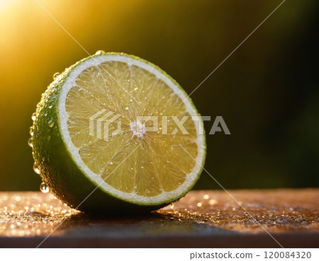 Cut lime, fruit, macro, portrait. Fresh lime with water drops. 120084320
