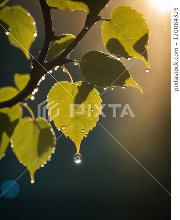 Concept of rain, sun, water and green leaves on a tree. Drops of water shimmer in the backlight. 120084325