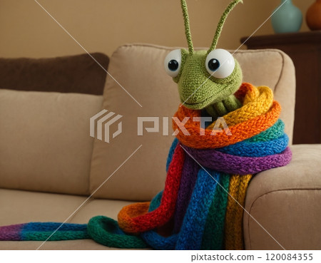 Mischievous cute caterpillar-spider-mantis hybrid in rainbow scarf on the couch.  Old-fashioned living room, highly detailed eyes. 120084355