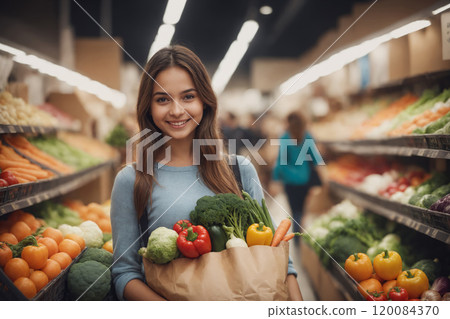 Young girl buys vegetables and fruits. Healthy eating concept. Young girl buys vegetables and fruits. Healthy eating concept. 120084370