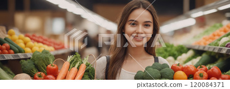 Young girl buys vegetables and fruits. Healthy eating concept. Banner for design, website, decor. 120084371