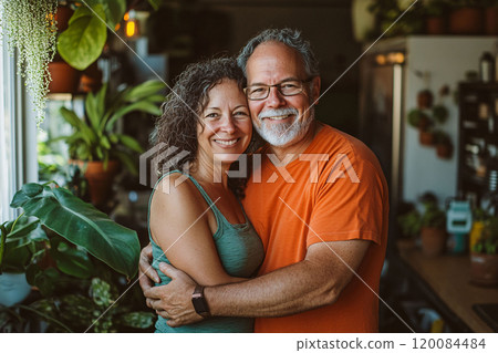Happy Mature Couple Embracing in Cozy Setting 120084484