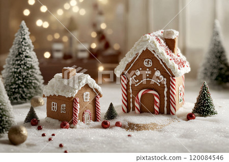 Close-up of two gingerbread houses in snowy holiday setting Close-up of two gingerbread houses in snowy holiday setting 120084546