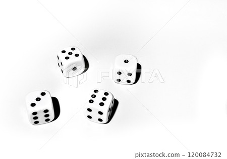 Top view of four dice on white background with space for text Top view of four dice on white background with space for text 120084732