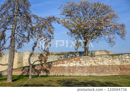 Remains of Historic Belgrade Fortress fortifications in Kalemegdan park in Belgrade, Serbia 120084736