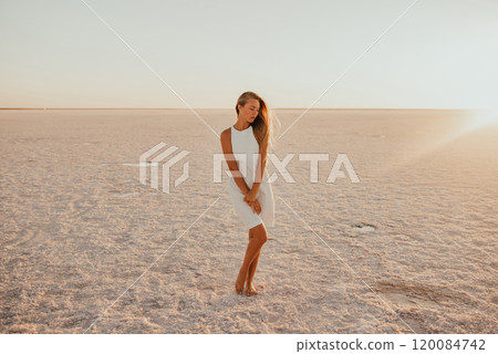 portrait of young tanned blonde European woman 120084742