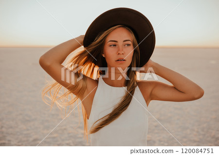 portrait of young tanned blonde European woman portrait of young tanned blonde European woman 120084751