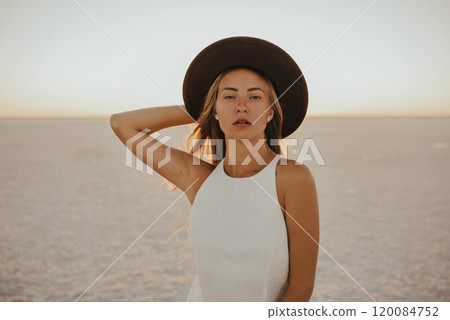 portrait of young tanned blonde European woman portrait of young tanned blonde European woman 120084752