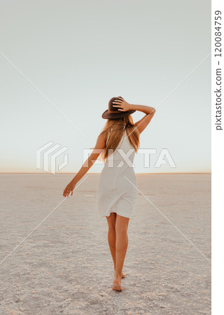 portrait of young tanned blonde European woman 120084759