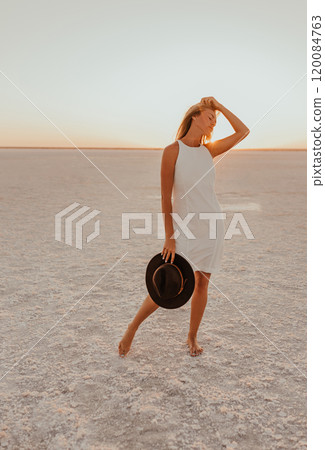 portrait of young tanned blonde European woman 120084763