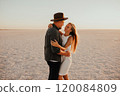 pink Lemurian lake, romantic photoshoot of young couple in love 120084809