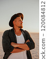 portrait of young tanned blonde European courageous man with beard barefoot 120084812