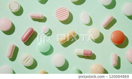 Assorted supplements and pills on green background 120084869