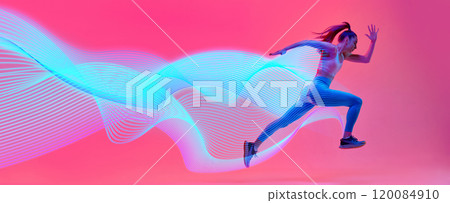 Dynamic image of athletic young woman, runner in motion, running against pink background with abstract neon lines elements. Dynamic image of athletic young woman, runner in motion, running against pink background with abstract neon lines elements. 120084910