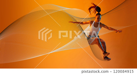 Young athletic woman, runner in motion, jumping, training against orange background with abstract neon wave elements. 120084915