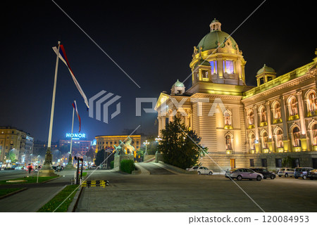 Night view of the National Assembly of the Republic of Serbia, Parliament of Serbia in capital Belgrade Night view of the National Assembly of the Republic of Serbia, Parliament of Serbia in capital Belgrade 120084953