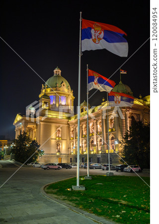 Night view of the National Assembly of the Republic of Serbia, Parliament of Serbia in capital Belgrade 120084954