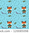 Christmas seamless pattern, Fairytale red fox animals with a sled, twigs, snowflakes, white background. Baby texture for fabric, nursery decoration, textiles, apparel. 120085098