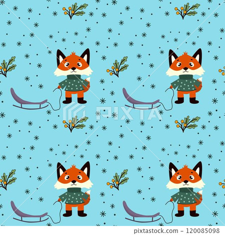 Christmas seamless pattern, Fairytale red fox animals with a sled, twigs, snowflakes, white background. Baby texture for fabric, nursery decoration, textiles, apparel. Christmas seamless pattern, Fairytale red fox animals with a sled, twigs, snowflakes, white background. Baby texture for fabric, nursery decoration, textiles, apparel. 120085098