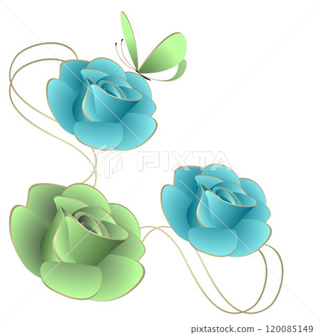 Corner composition with roses and butterfly isolated on white background. 120085149