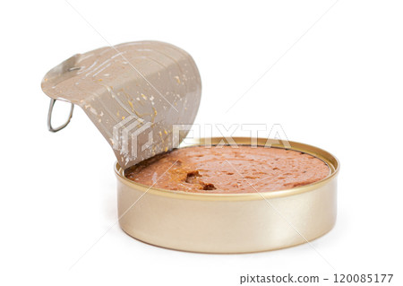 Opened Tin Can with Chicken Liver Pate Isolated on White Background Opened Tin Can with Chicken Liver Pate Isolated on White Background 120085177