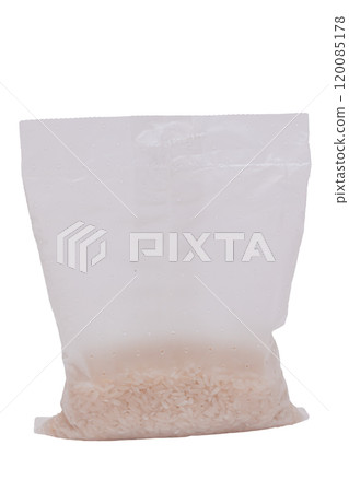 A Plastic Bag of White Long Grain Rice - Isolated on White A Plastic Bag of White Long Grain Rice - Isolated on White 120085178