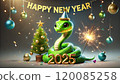 Happy New Year 2025 Celebration with Festive Snake and Sparkler. cheerful green snake in party hat celebrates New Year 2025 with sparkling firework, mini Christmas tree, and colorful ornaments. 120085258