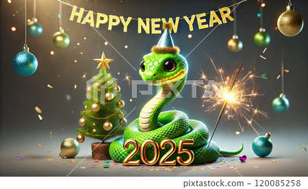Happy New Year 2025 Celebration with Festive Snake and Sparkler. cheerful green snake in party hat celebrates New Year 2025 with sparkling firework, mini Christmas tree, and colorful ornaments. Happy New Year 2025 Celebration with Festive Snake and Sparkler. cheerful green snake in party hat celebrates New Year 2025 with sparkling firework, mini Christmas tree, and colorful ornaments. 120085258