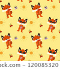 Seamless pattern with cute foxes, summer, sun, butterfly on yellow background. Baby texture for fabric, nursery decoration, textiles, apparel. Vector illustration 120085320