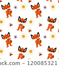 Seamless pattern with cute foxes, summer, sun, butterfly on white background. Baby texture for fabric, nursery decoration, textiles, apparel. Vector illustration 120085321
