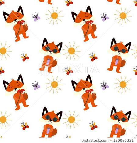 Seamless pattern with cute foxes, summer, sun, butterfly on white background. Baby texture for fabric, nursery decoration, textiles, apparel. Vector illustration Seamless pattern with cute foxes, summer, sun, butterfly on white background. Baby texture for fabric, nursery decoration, textiles, apparel. Vector illustration 120085321