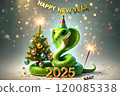Happy New Year 2025 Celebration with Festive Snake and Sparkler. cheerful green snake in party hat celebrates New Year 2025 with sparkling firework, mini Christmas tree, and colorful ornaments. 120085338