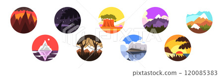 Beautiful Landscape and Nature Scene in Round Frame Vector Set Beautiful Landscape and Nature Scene in Round Frame Vector Set 120085383