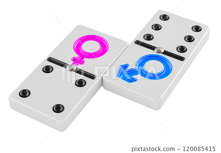Domino with female and male symbols. Relationships between man and woman, concept. 3D rendering 120085415
