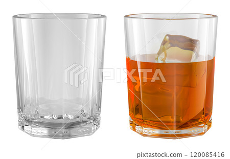 Empty glass and glass with alcohol drink and ice. 3D rendering Empty glass and glass with alcohol drink and ice. 3D rendering 120085416