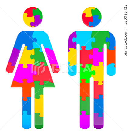 Man and woman silhouettes from colored puzzles. 3D rendering Man and woman silhouettes from colored puzzles. 3D rendering 120085422