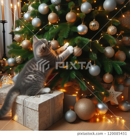 cat tries to climb a decorated Christmas tree cat tries to climb a decorated Christmas tree 120085431