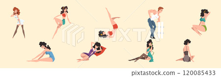 Seductive Pin Up Girls in Sexy Clothing Posing Vector Set 120085433