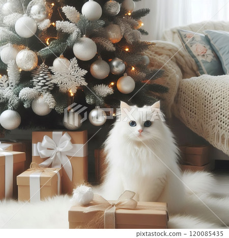 fluffy cat sits next to decorated Christmas tree 120085435