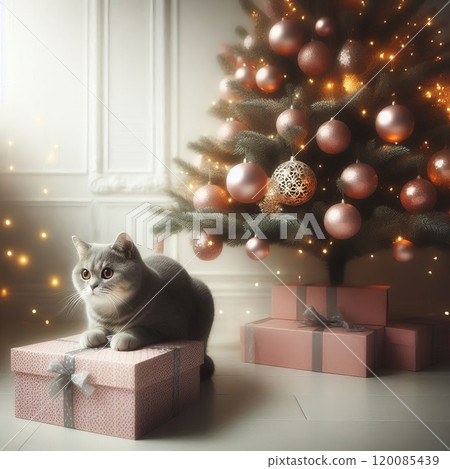 fluffy cat sits next to decorated Christmas tree 120085439