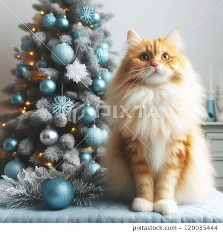 fluffy cat sits next to decorated Christmas tree fluffy cat sits next to decorated Christmas tree 120085444